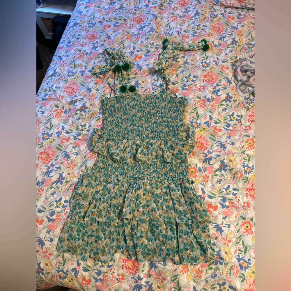 Floral Smocked Dress with Pom Poms